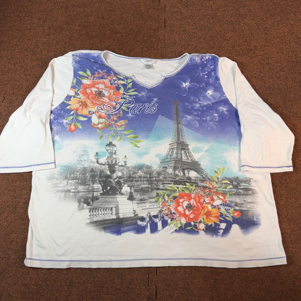 A+ CJ Banks Paris Eiffel Tower Floral Rhinestone Top 3/4 Sleeve White Blue 2X